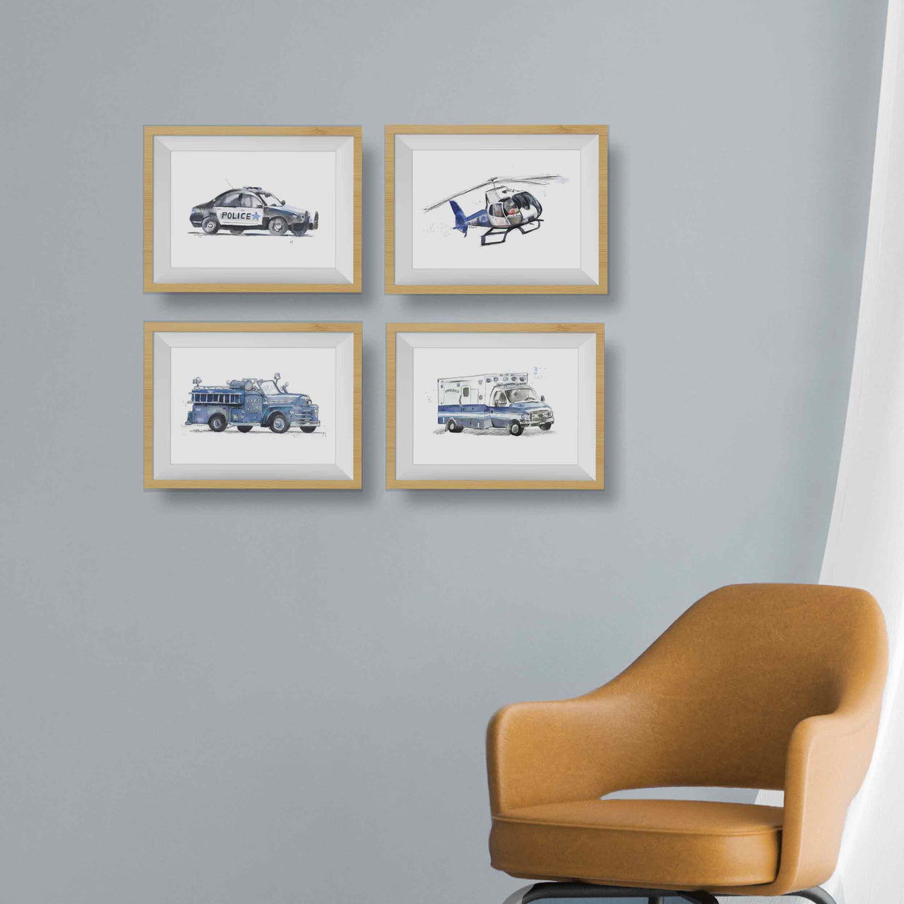 Blue Gray Vintage Fire Truck Wall Art Print – Watercolor Firefighter Nursery Decor