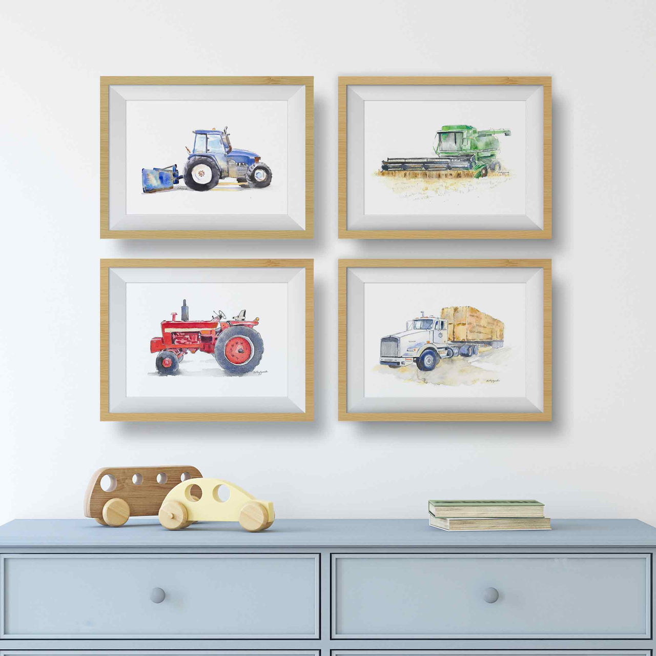 set of 4 farm themed vehicles watercolor prints for kids rooms