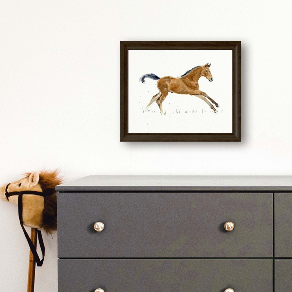 Brown Horse Running Watercolor Print - Nursery & Kids' Room Wall Art