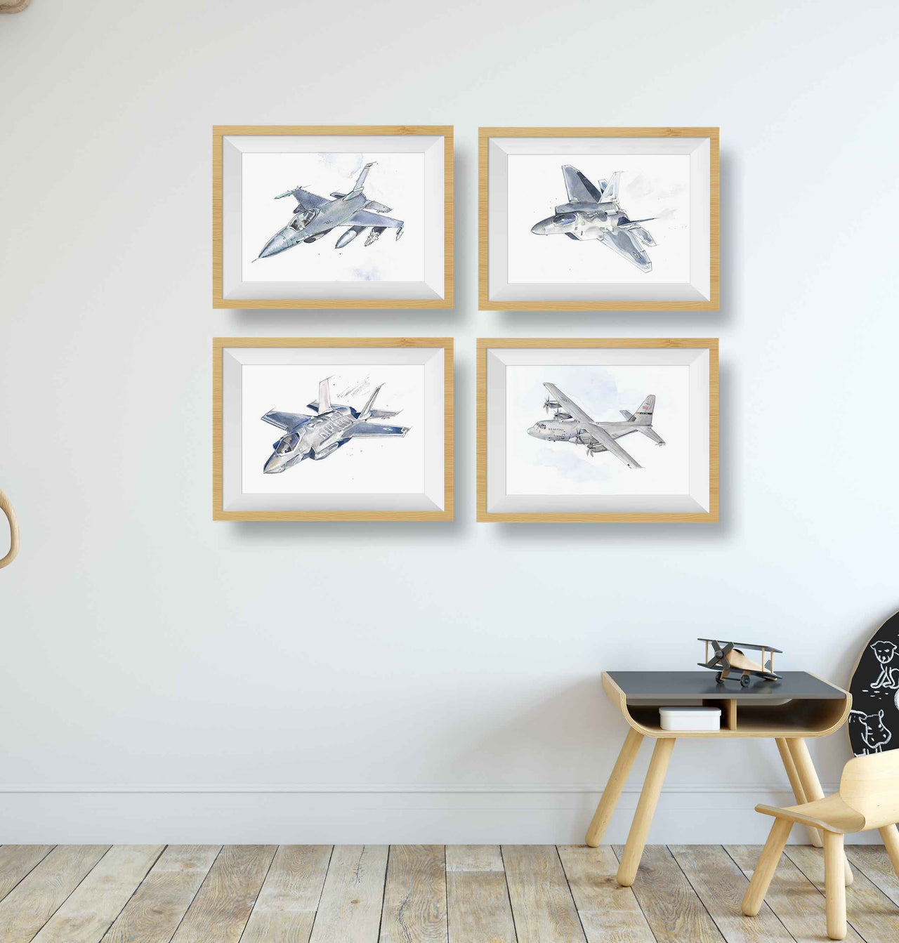 Customizable Modern Military Aircraft Watercolor Prints - Classic Kids & Adult Wall Art Set