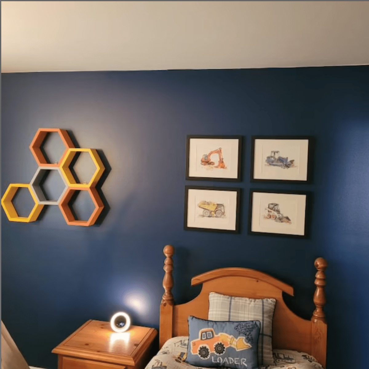Bulldozer print for construction themed toddler room