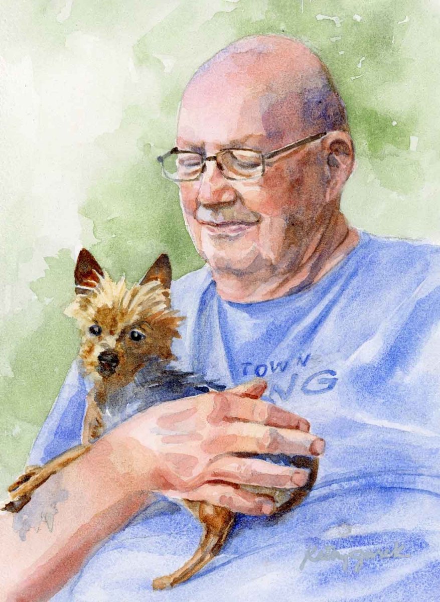 man with miniature yorkshire terrier watercolor painting