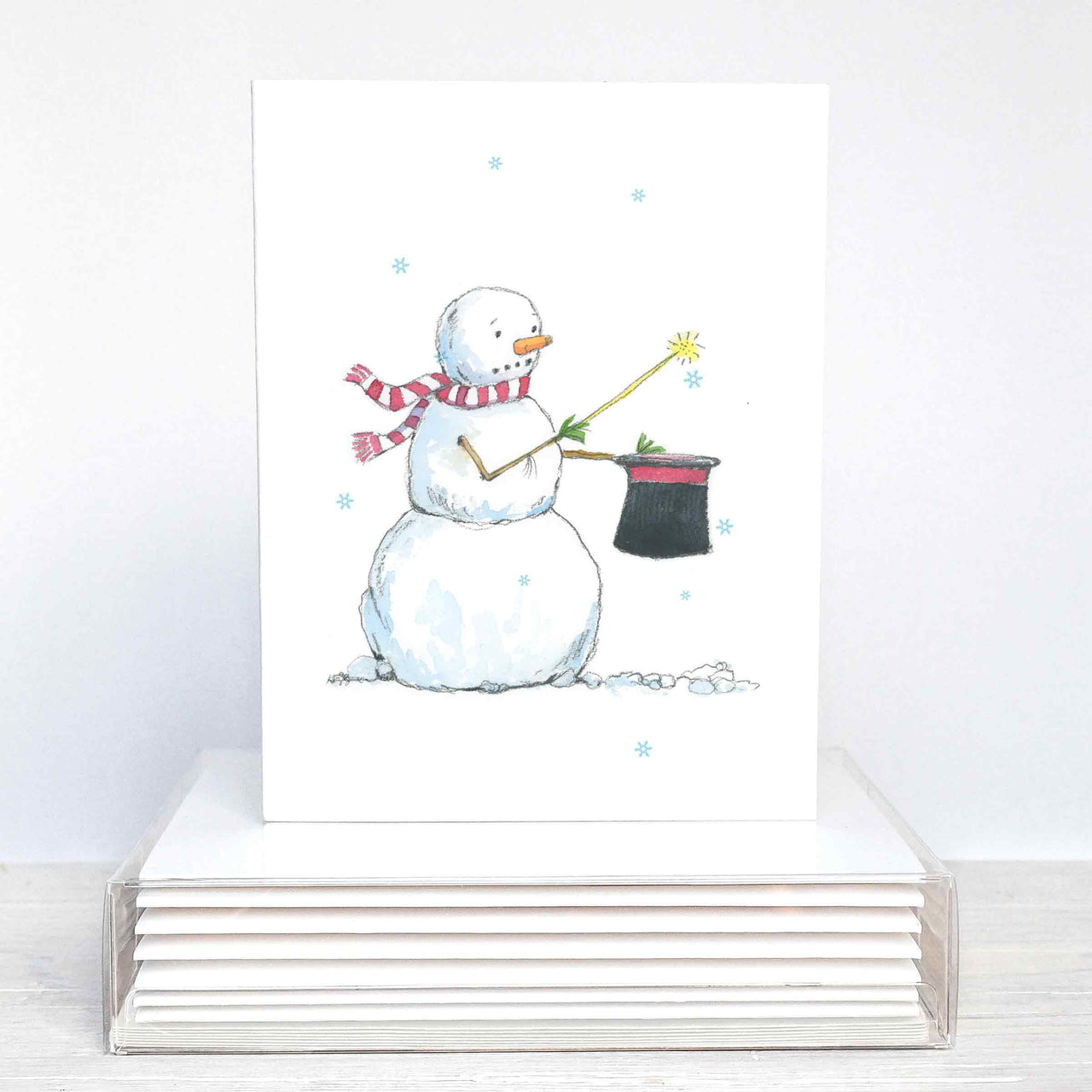 a card with a snowman holding a broom