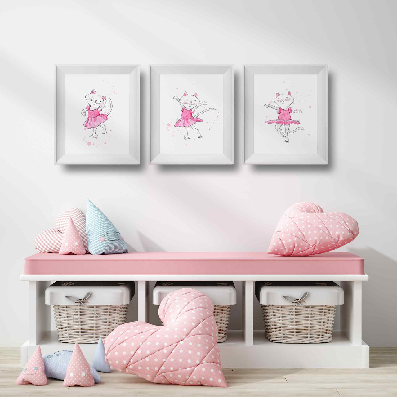 a pink bench with three pictures above it