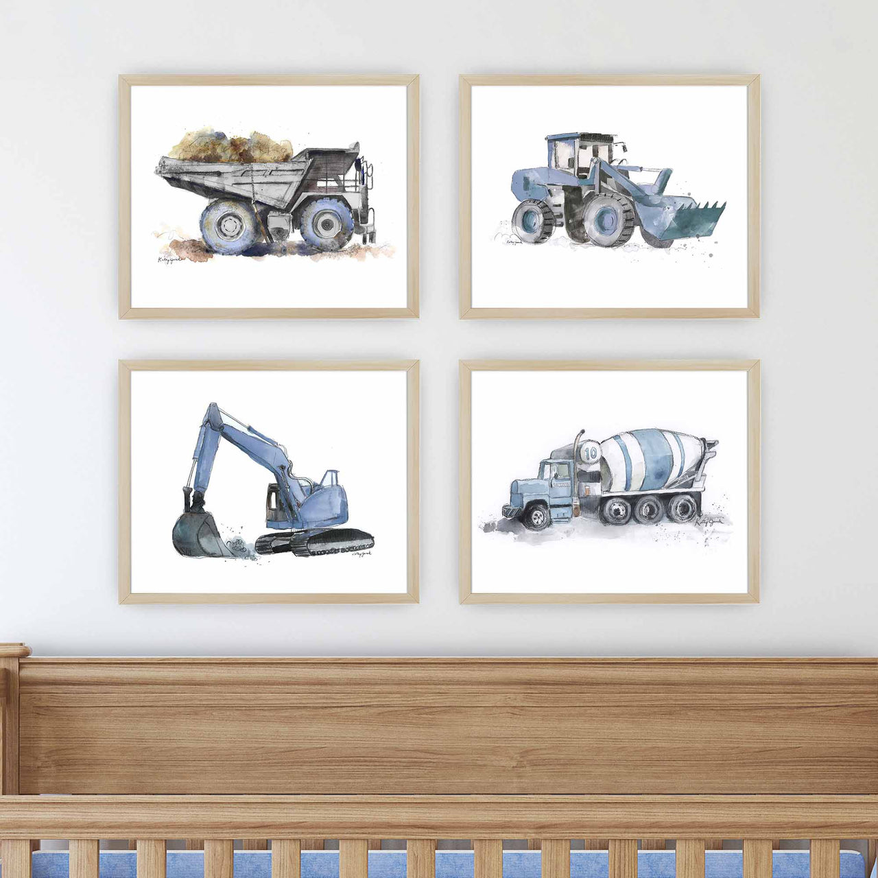 Blue Gray Construction Truck Prints Set