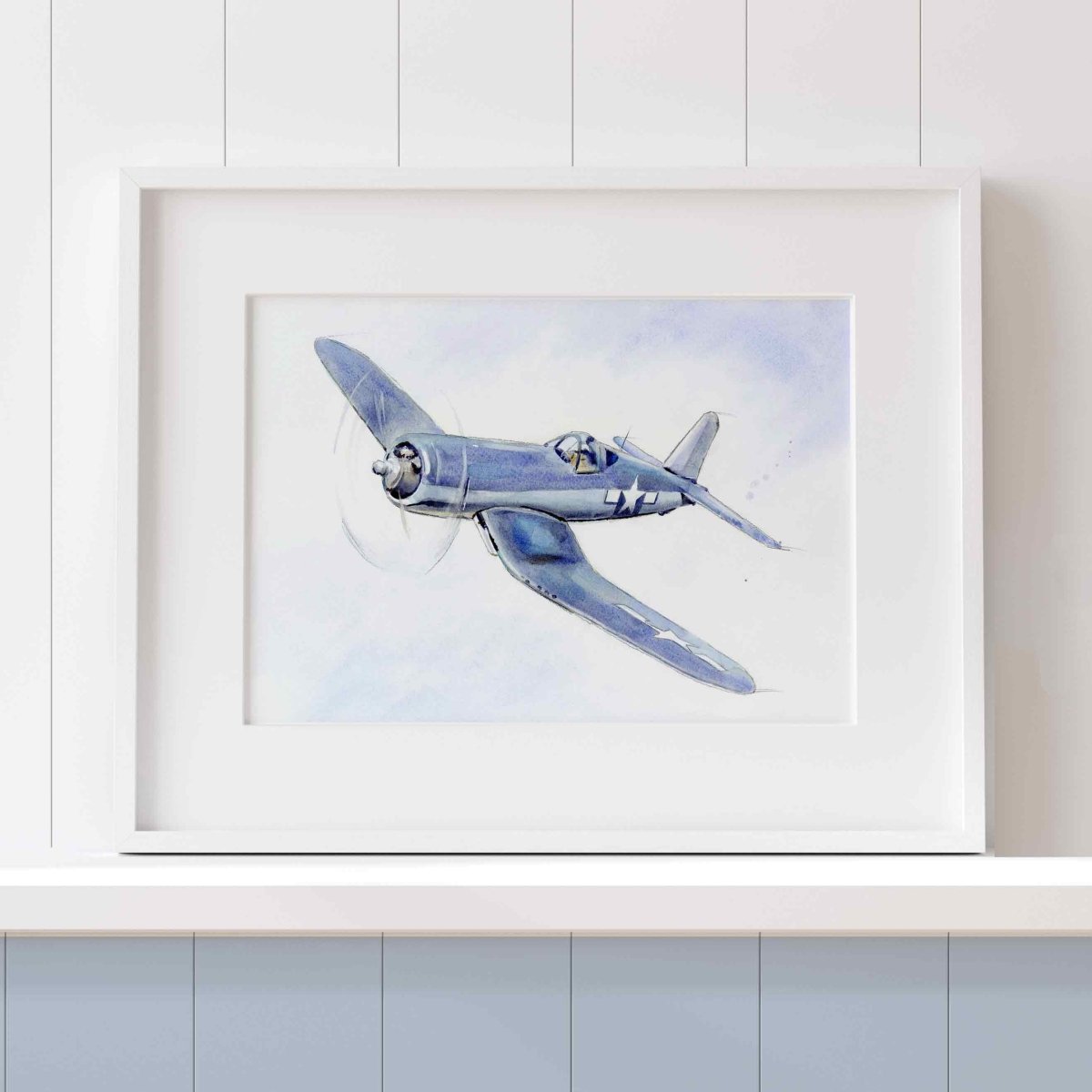mockup of f4u corsair airplane print in white frame