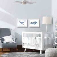 Thumbnail for lifestyle mockup of a baby boy's nursery in light gray and white with two corsair airplane prints in white frames