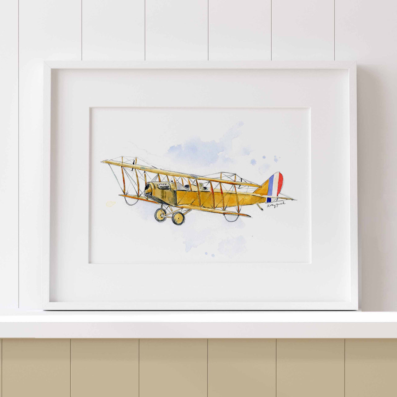 Curtiss JN Jenny Airplane Watercolor Print with white mat and white frame