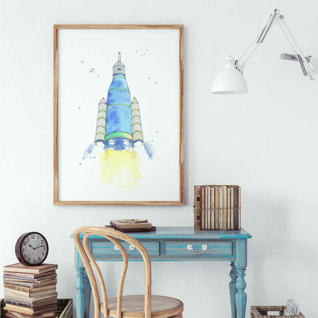 Blue Space Ship Watercolor Print for Kids' Rooms