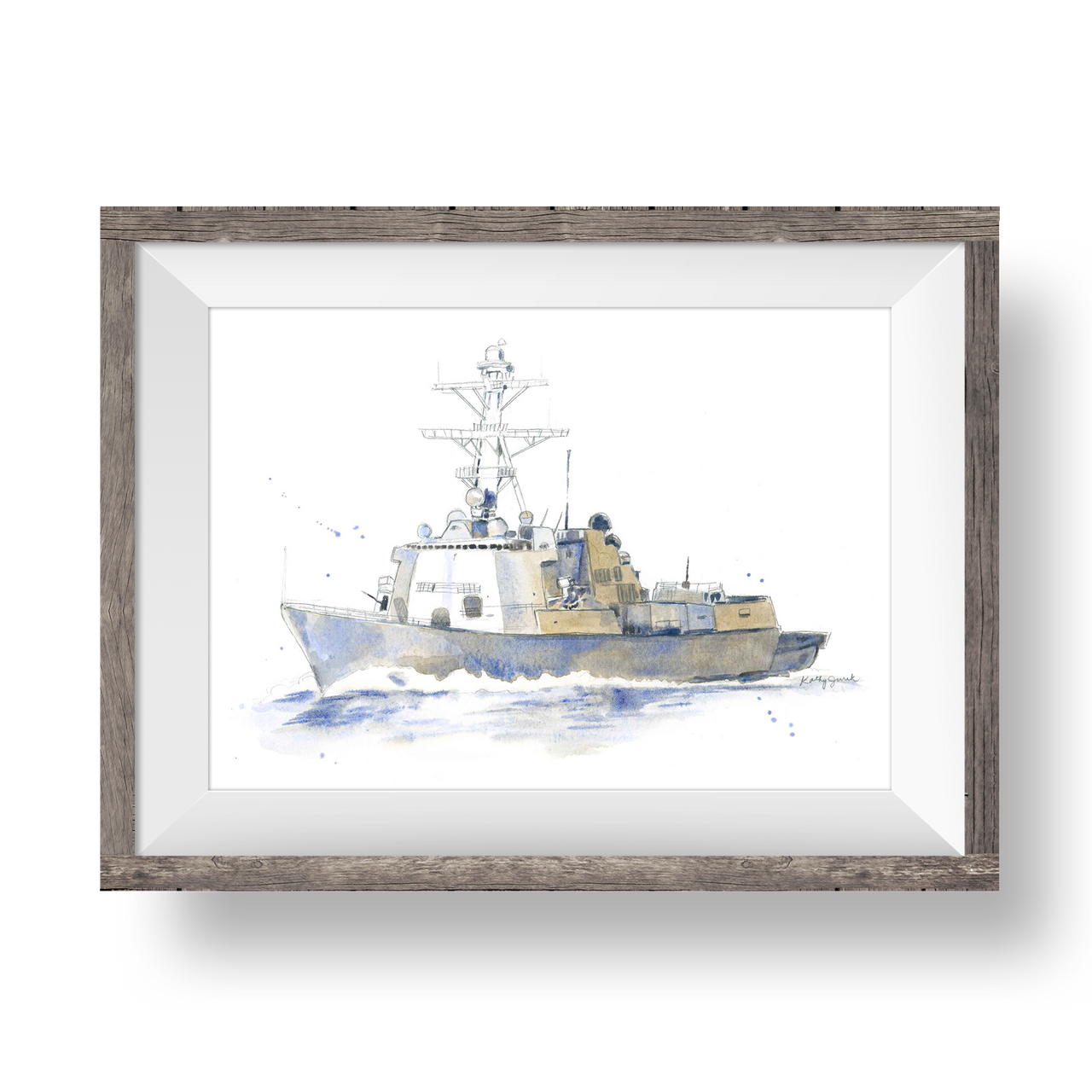 Navy Frigate Watercolor Art Print - Blue & Gray