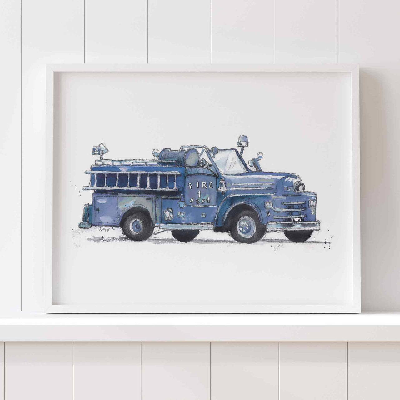 Blue Gray Vintage Fire Truck Wall Art Print – Watercolor Firefighter Nursery Decor