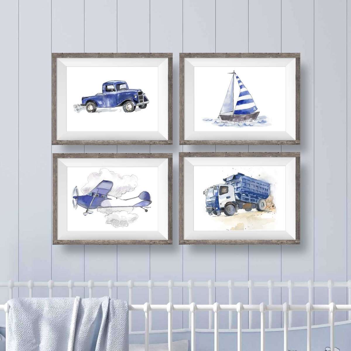 Navy Blue Transportation Vehicles Prints Set