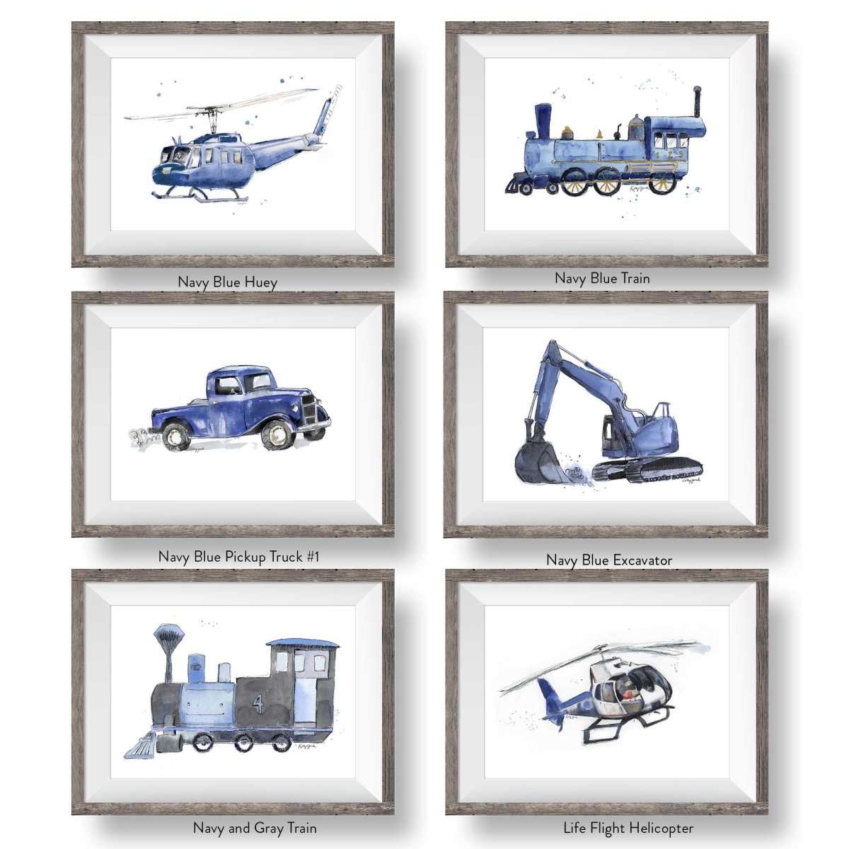 Navy Blue Transportation Vehicles Prints Set