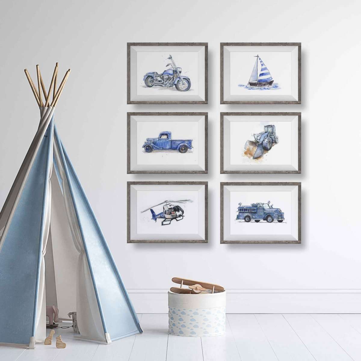 Navy Blue Transportation Vehicles Prints Set
