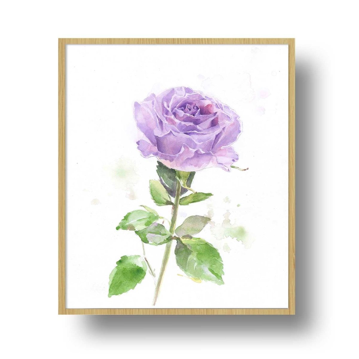 Original watercolor painting of a purple rose with green leaves on a white background