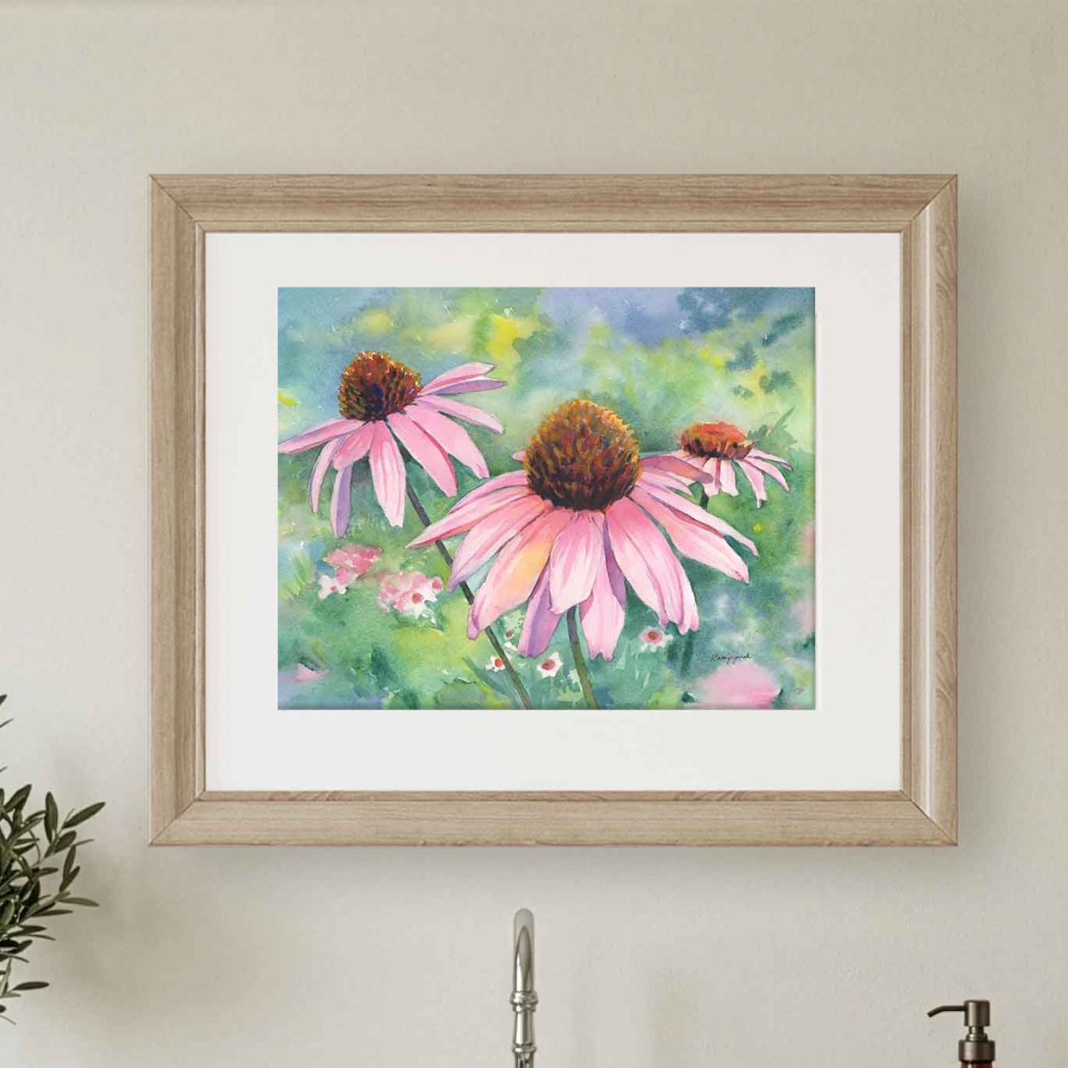 Original watercolor painting of pink coneflowers above a kitchen sink.