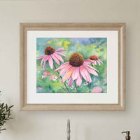 Thumbnail for Original watercolor painting of pink coneflowers above a kitchen sink.
