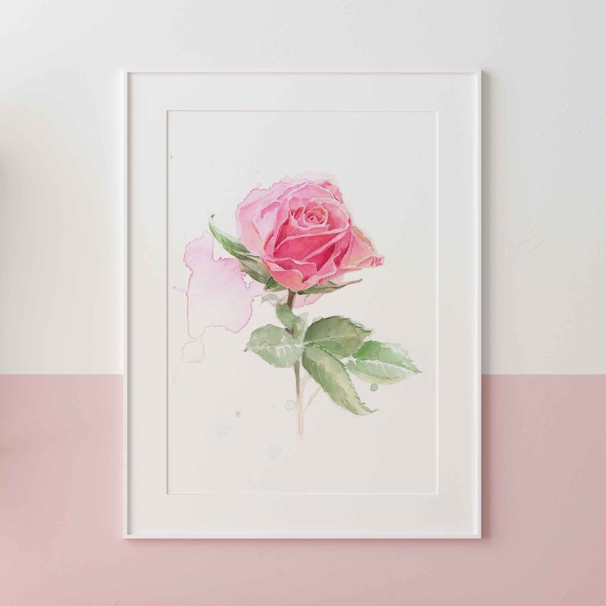 Original watercolor painting of a deep pink rose on a light pink wall.