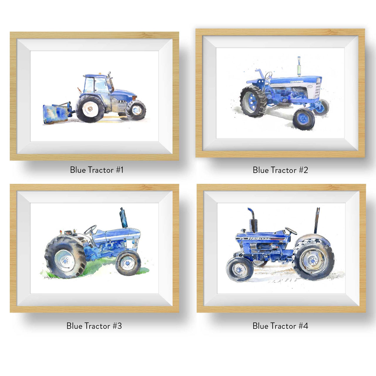 Set of Blue Tractor Watercolor Prints for Baby and Toddler Boys' Rooms