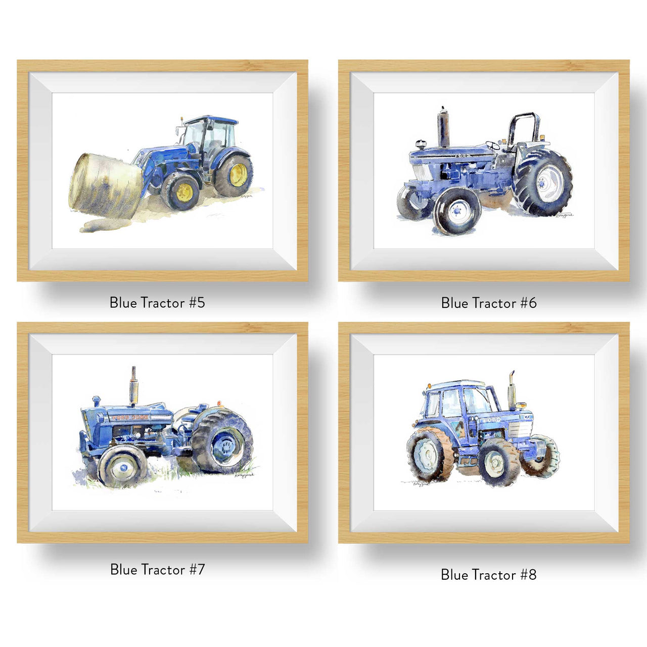 Set of Blue Tractor Watercolor Prints for Baby and Toddler Boys' Rooms