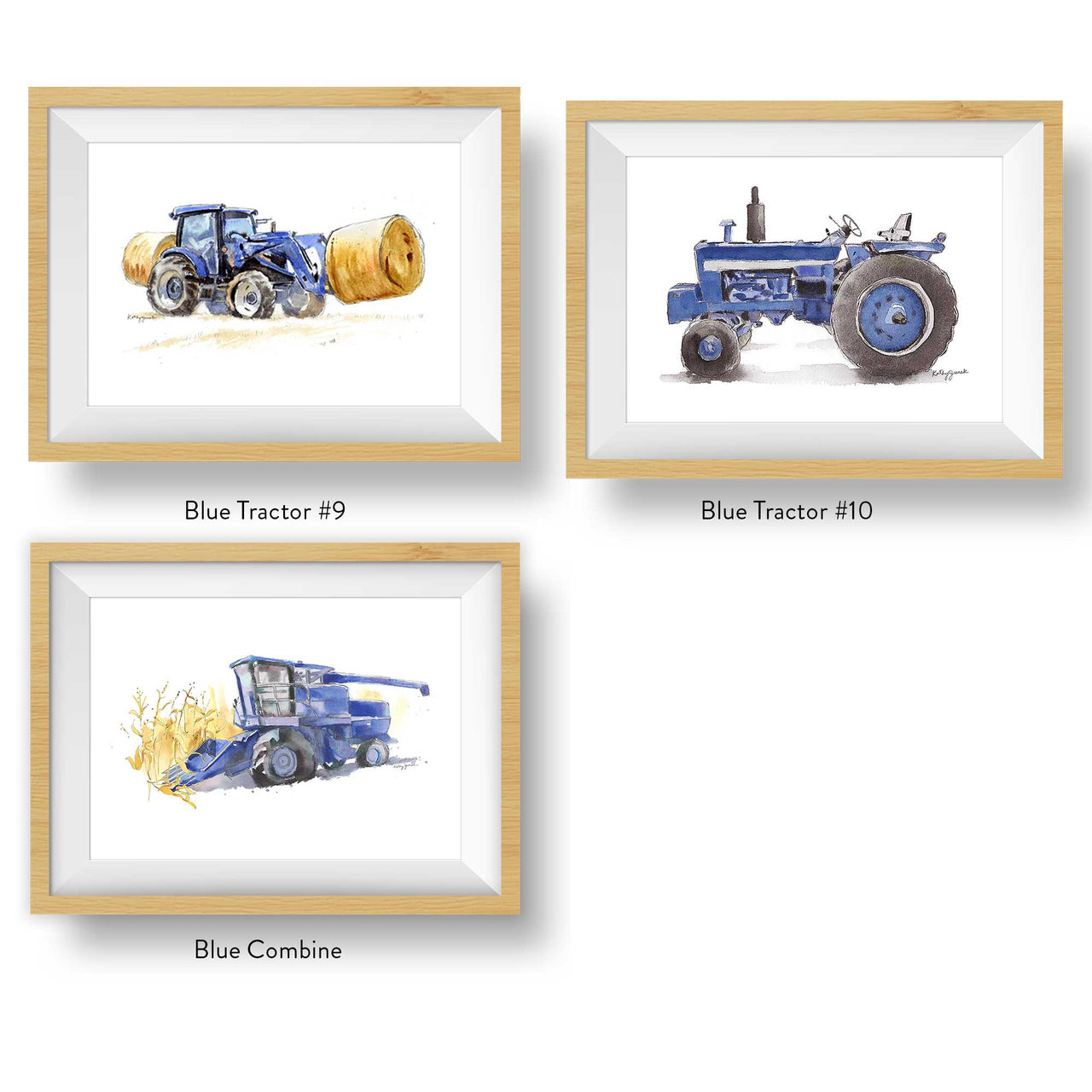 Set of Blue Tractor Watercolor Prints for Baby and Toddler Boys' Rooms