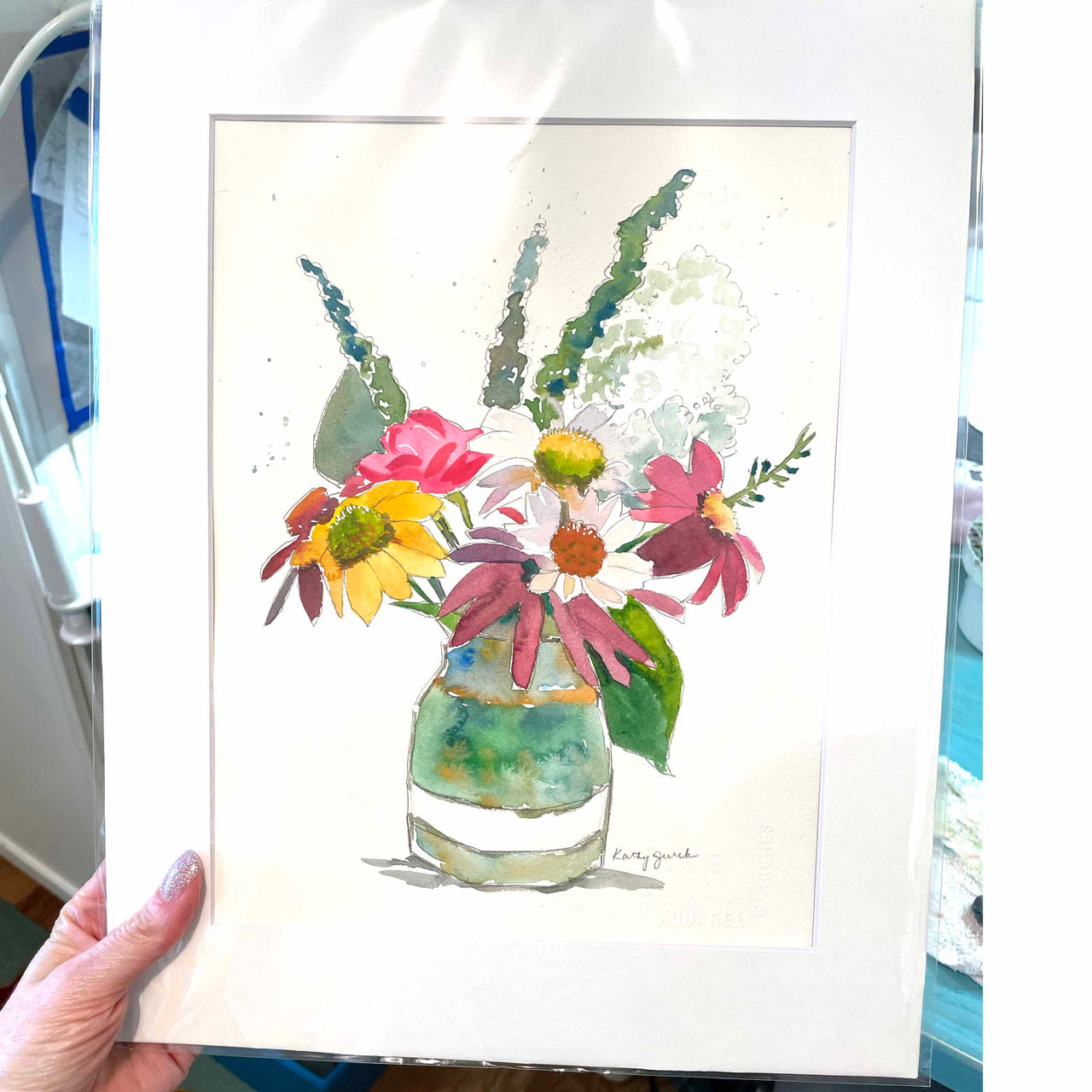 ORIGINAL Floral Painting - Pink, White & Yellow Flowers in a Glass Jar