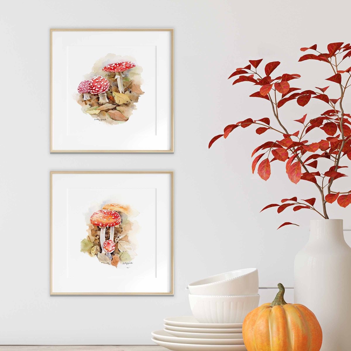 Red Mushrooms Watercolor Art Prints (Set of 2)