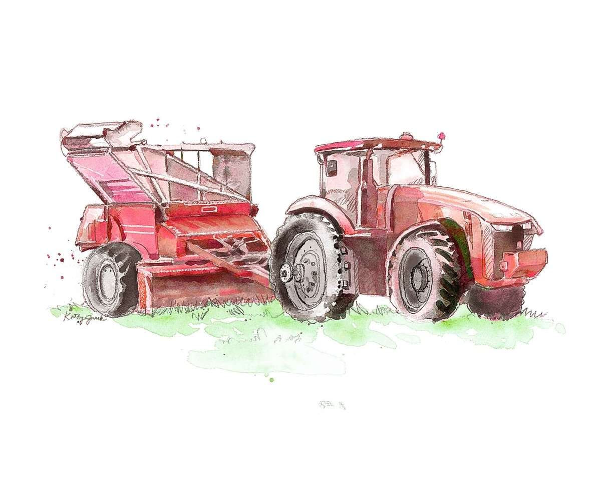 Red Peanut Picker Tractor Print – Farm Machinery Art for Kids' Rooms