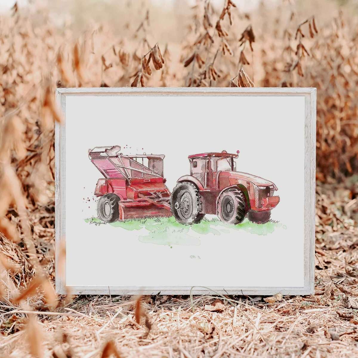 Red Peanut Picker Tractor Print – Farm Machinery Art for Kids' Rooms