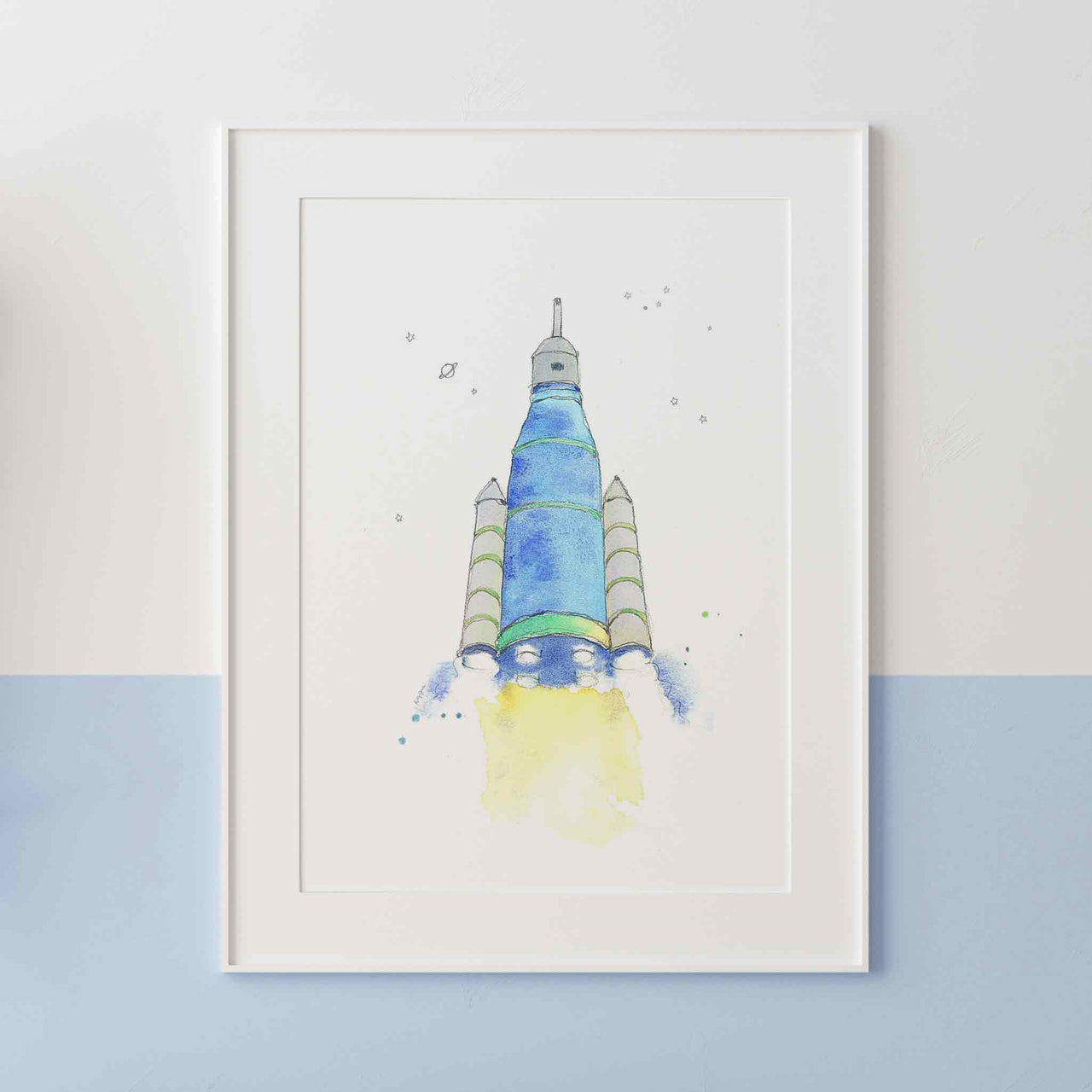 Blue Space Ship Watercolor Print for Kids' Rooms