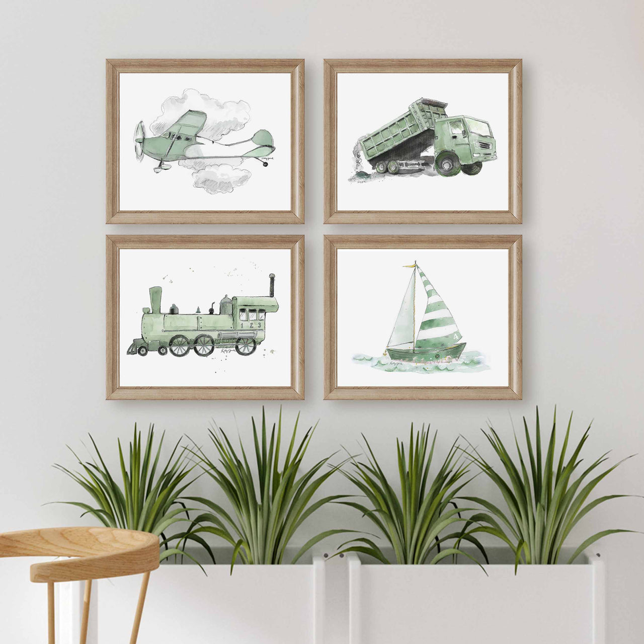 Sage Green Transportation Vehicles Prints Set