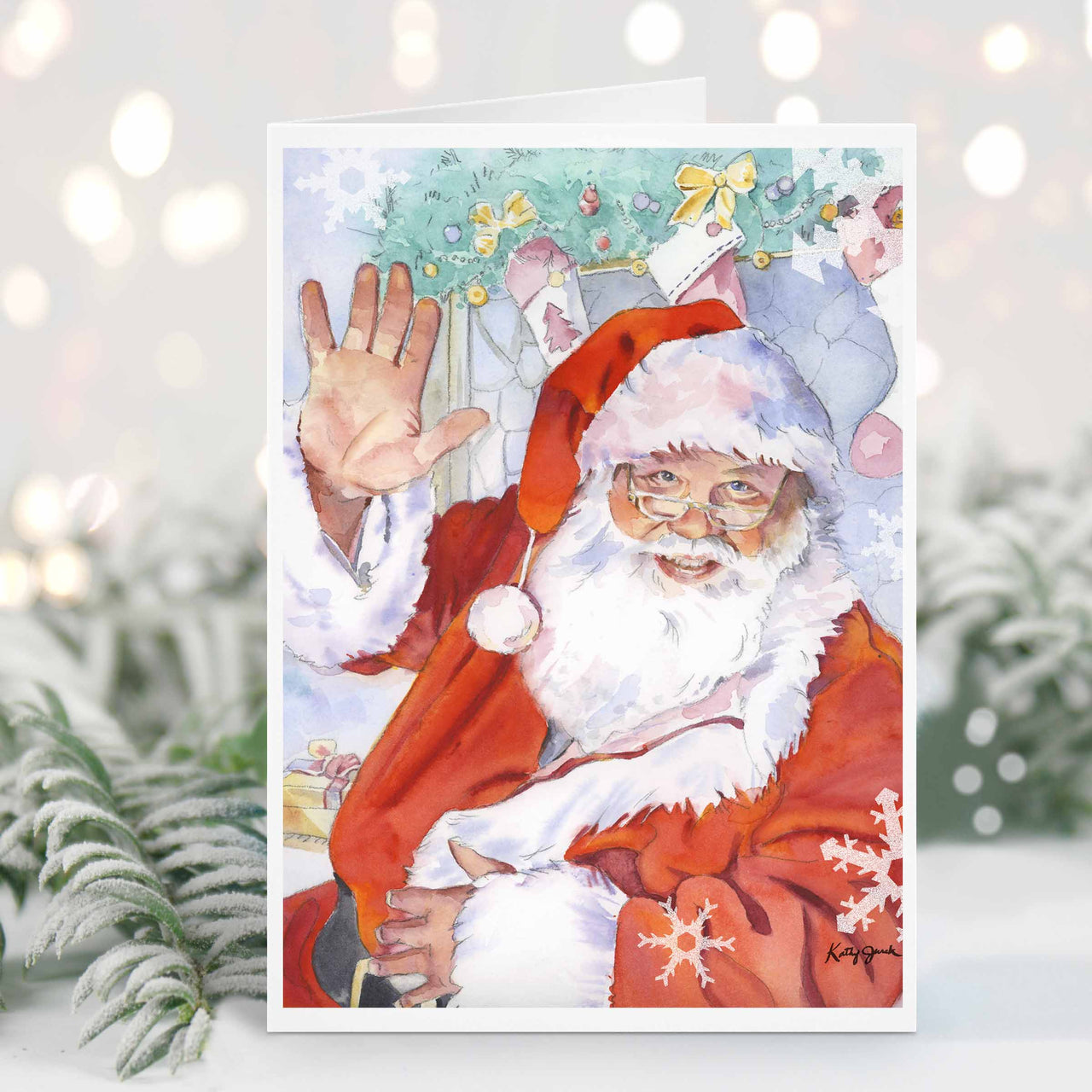 Santa Claus Christmas Card - Watercolor Illustration of Santa Waving