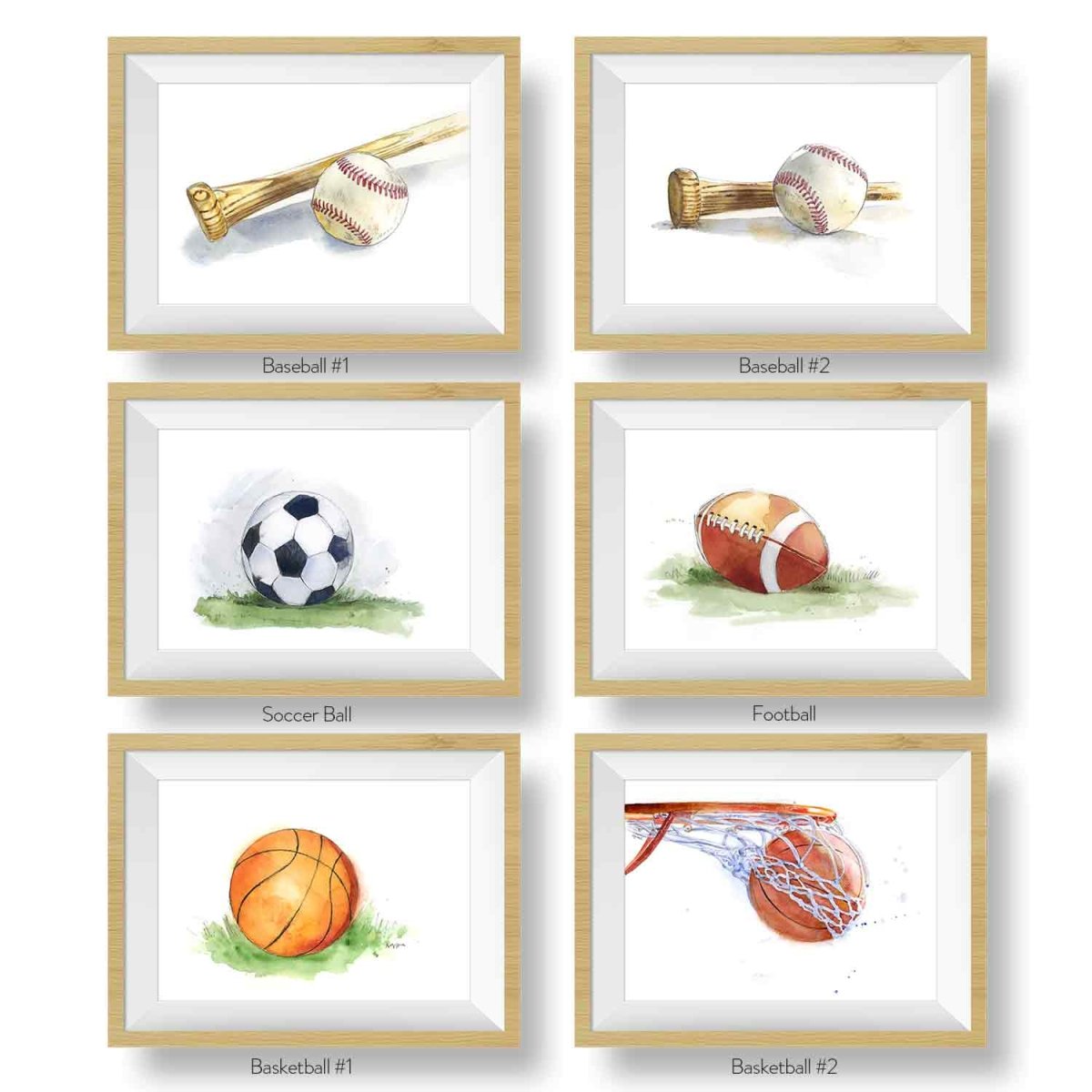 Six sports print choices: baseball and bat #1, baseball and bat #2, soccer ball, football, basketball #1 and basketball #2