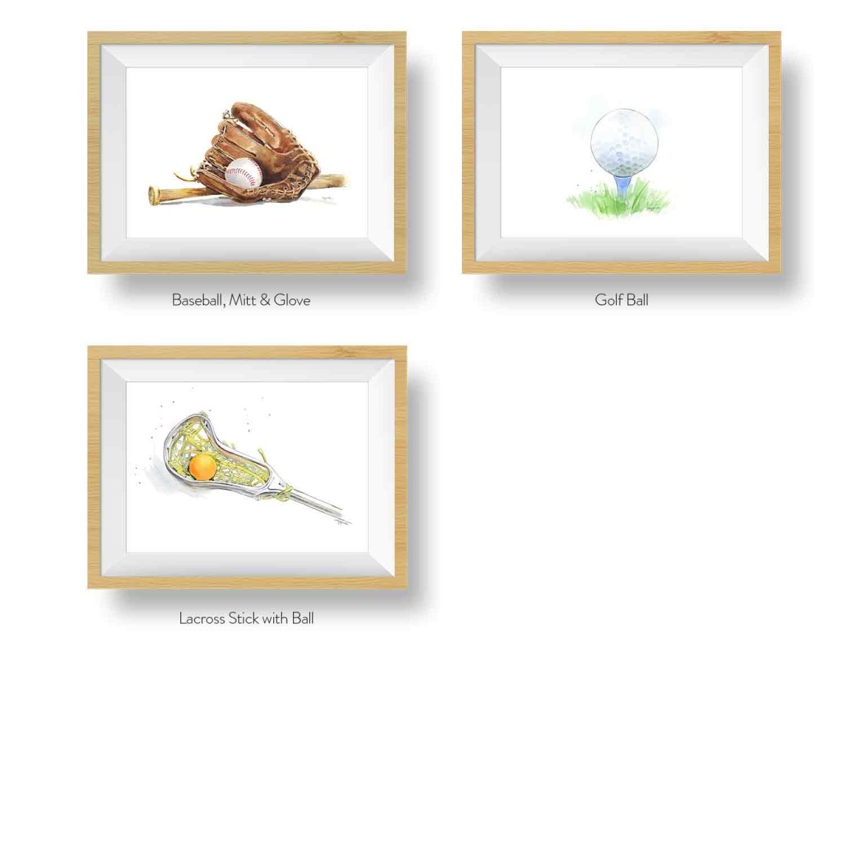 Three print choices: baseball, mitt and glove, golf ball and lacrosse stick with ball
