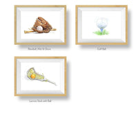 Thumbnail for Three print choices: baseball, mitt and glove, golf ball and lacrosse stick with ball