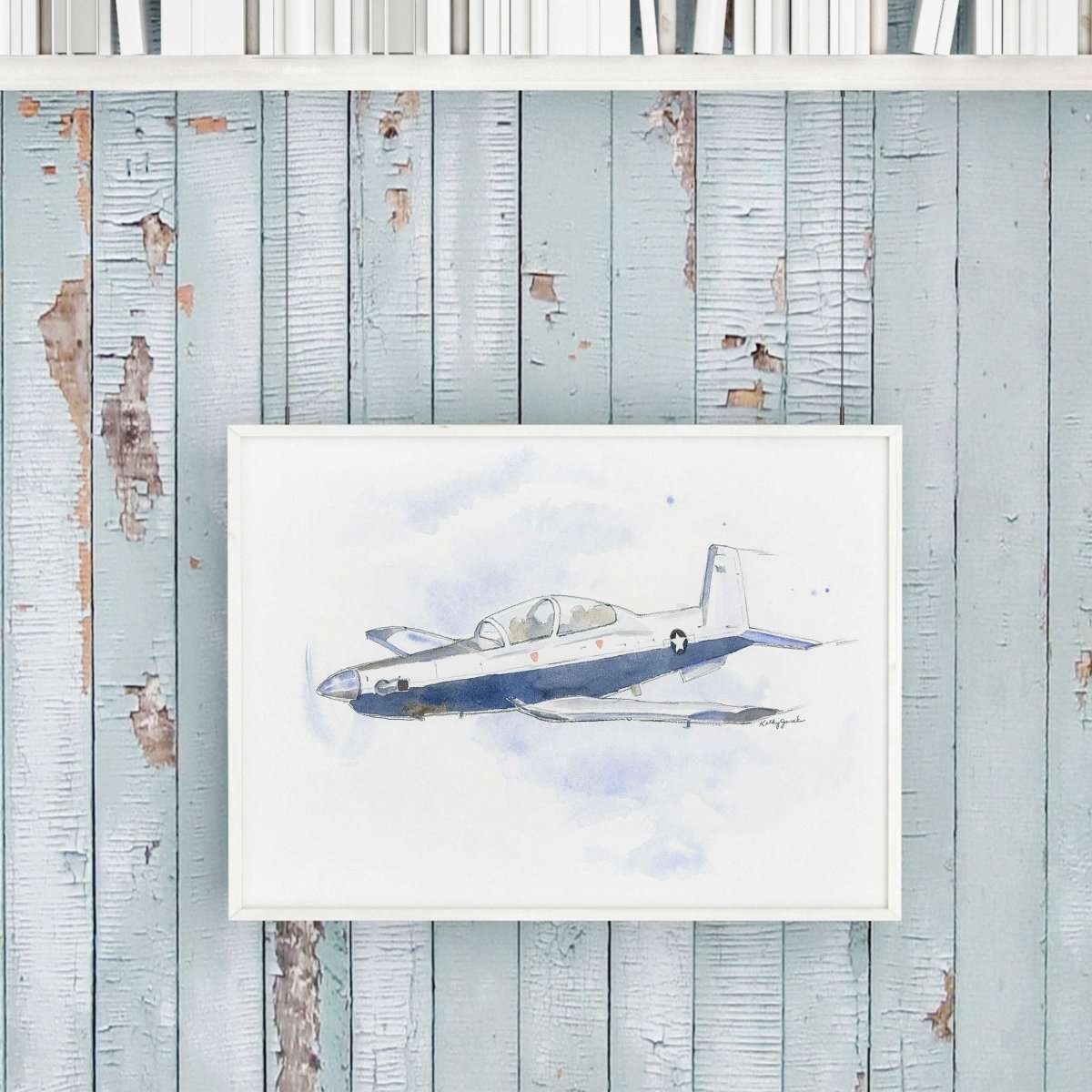 T-6 Texan II Watercolor Poster - Modern Military Trainer Kids Decor