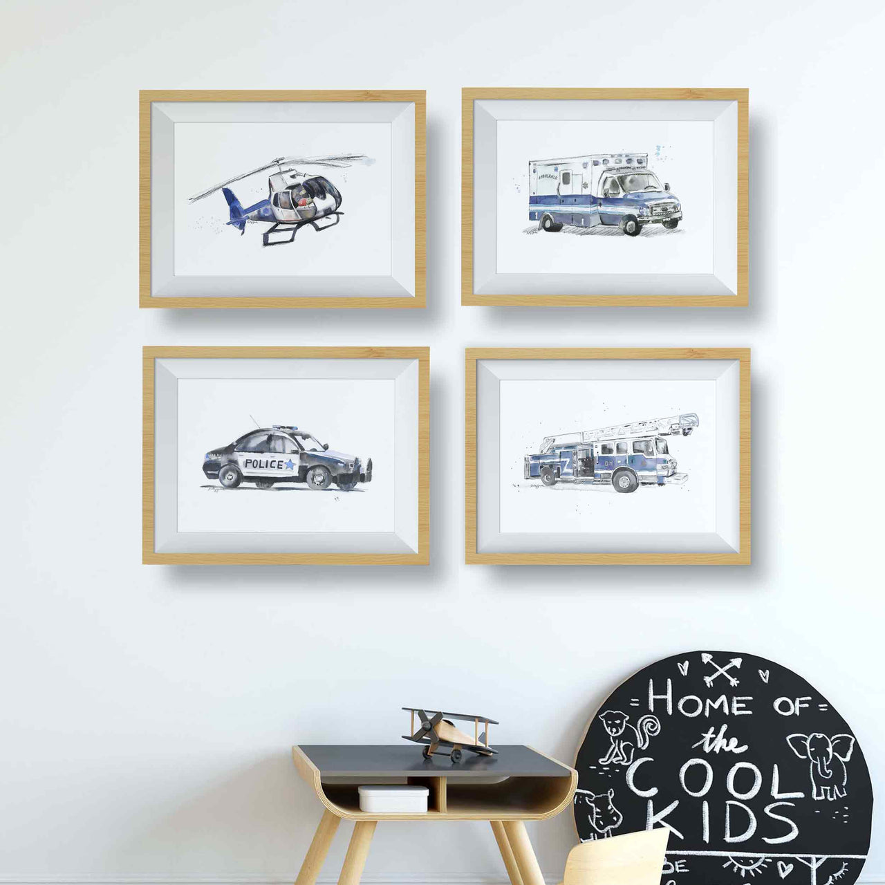 Blue Gray Vintage Fire Truck Wall Art Print – Watercolor Firefighter Nursery Decor (Copy)