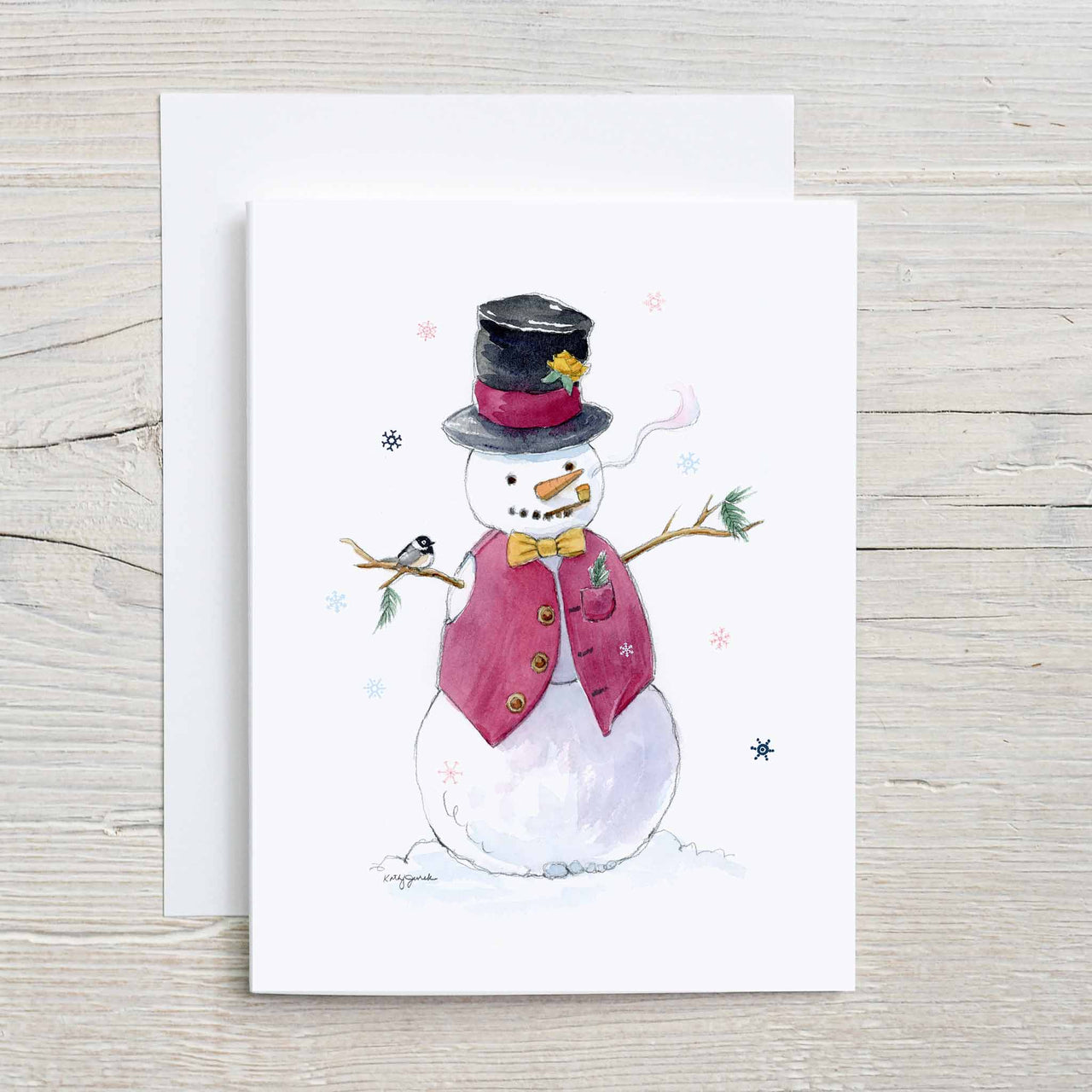 Snowman with Purple Vest and Chickadee - Watercolor Christmas Card