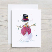 Thumbnail for Snowman with Purple Vest and Chickadee - Watercolor Christmas Card