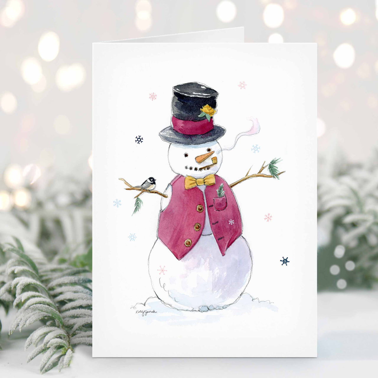 Snowman with Purple Vest and Chickadee - Watercolor Christmas Card