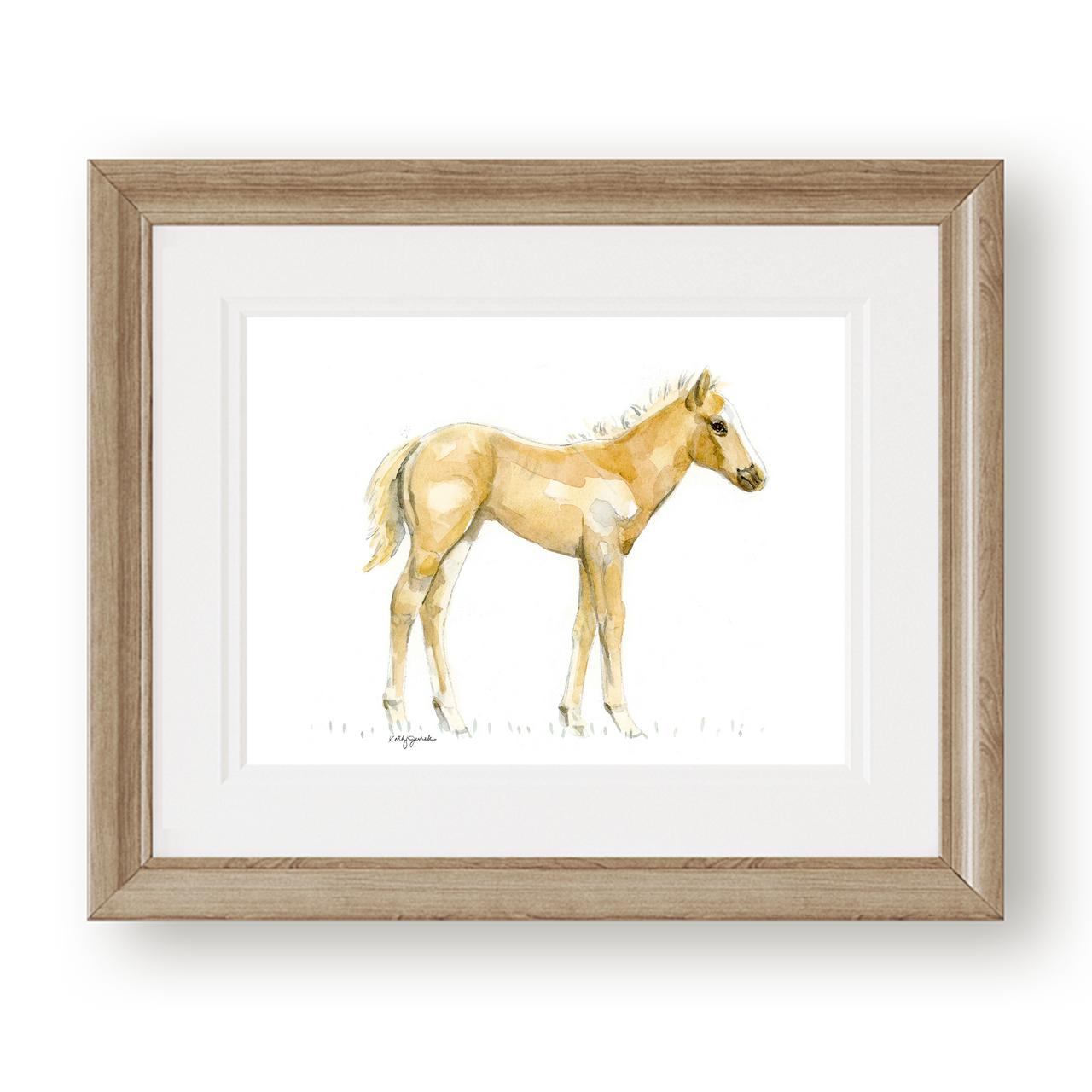 Palomino foal Horse Painting with a double white mat and neutral wooden frame