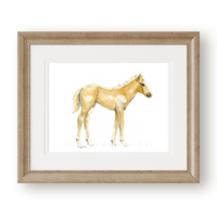 Thumbnail for Palomino foal Horse Painting with a double white mat and neutral wooden frame