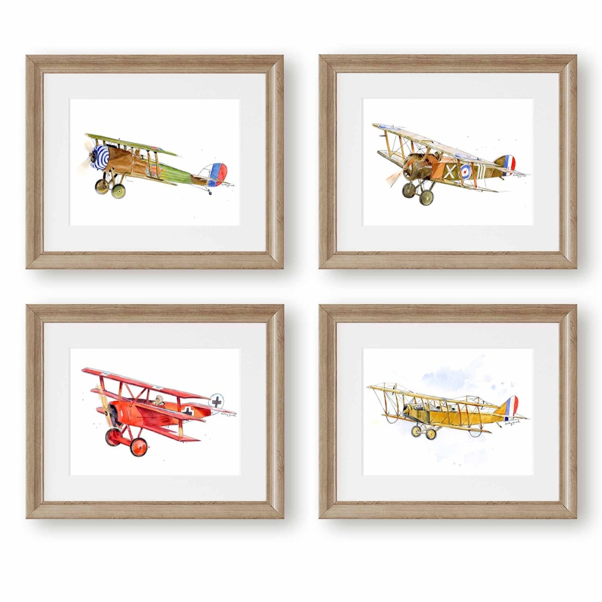 WWI Airplane Print Set – 4 Vintage Watercolor Aircraft Illustrations for Boys Room & Nursery Decor