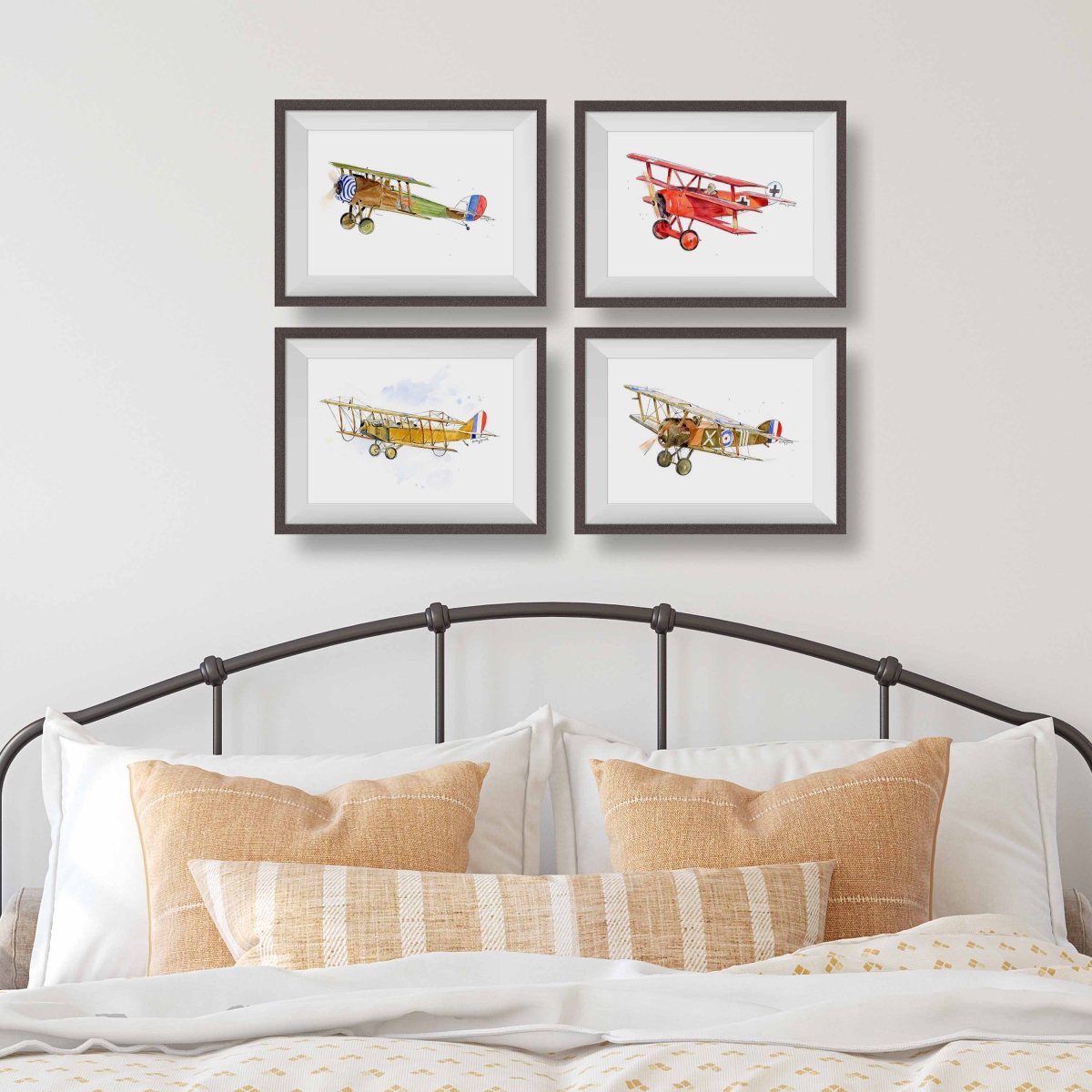 WWI Airplane Print Set – 4 Vintage Watercolor Aircraft Illustrations for Boys Room & Nursery Decor