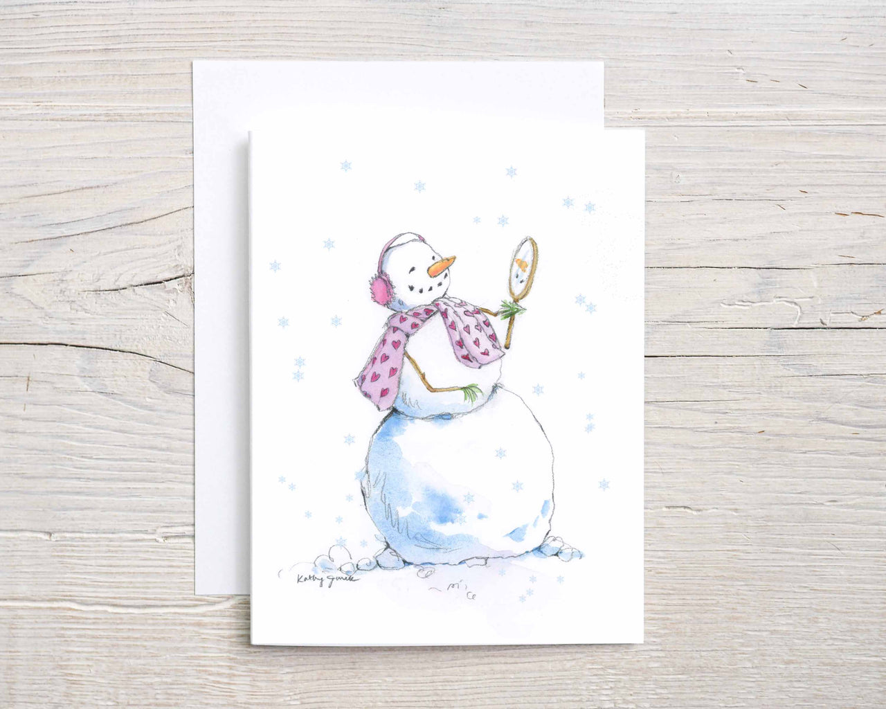 whimsical snow-woman greeting card for kids and adults