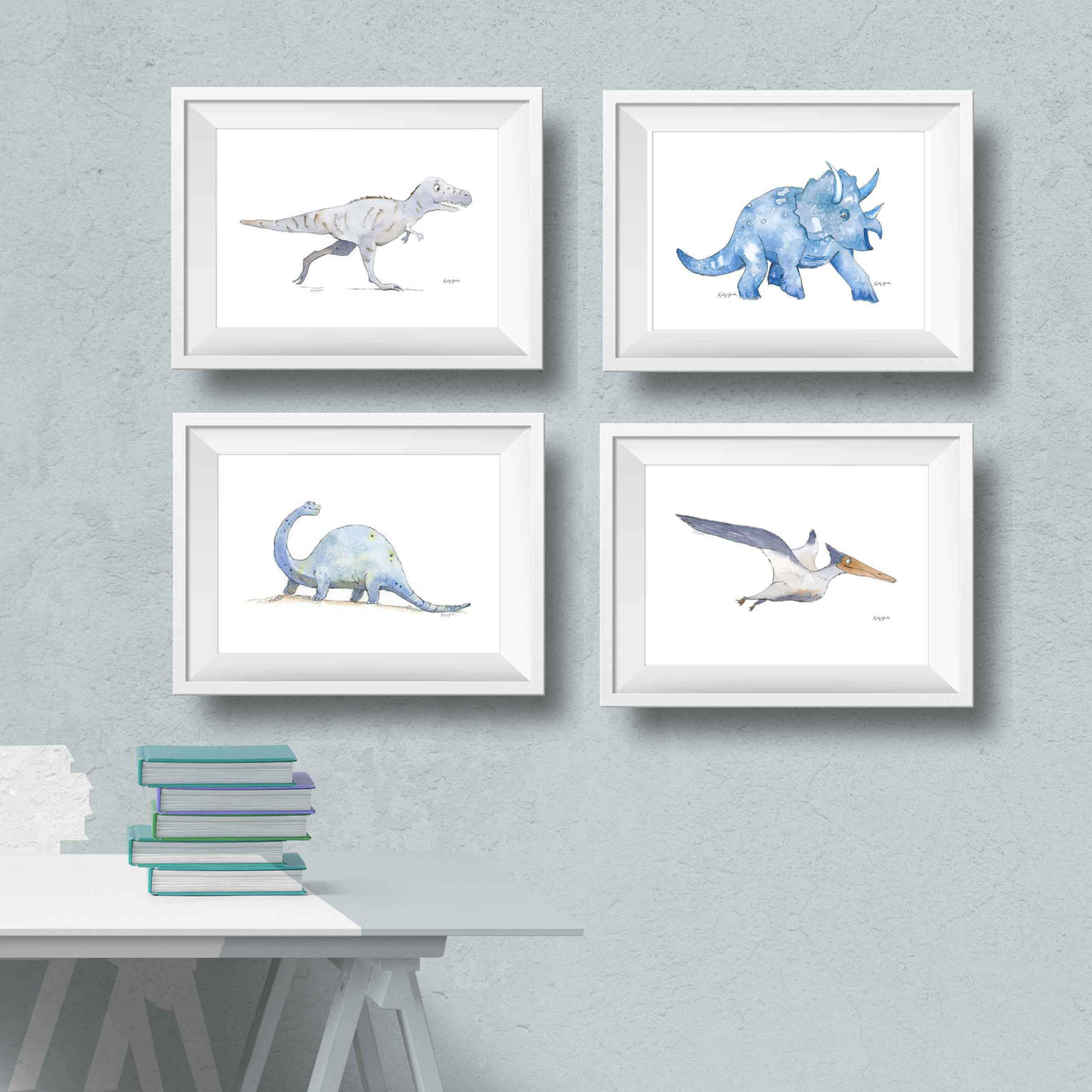 set of 4 blue and gray dinosaur prints for kids rooms