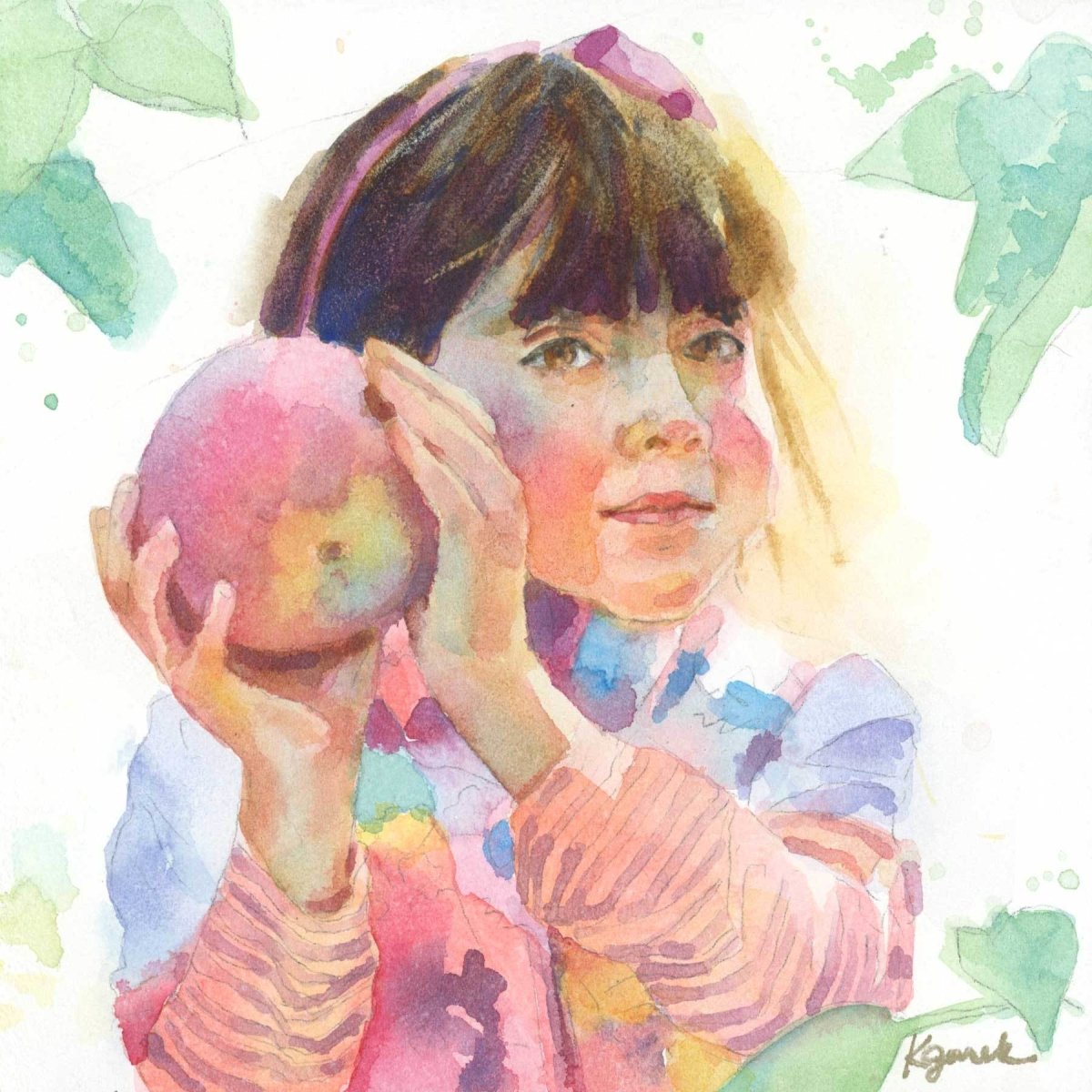 custom watercolor painting little girl holding apple