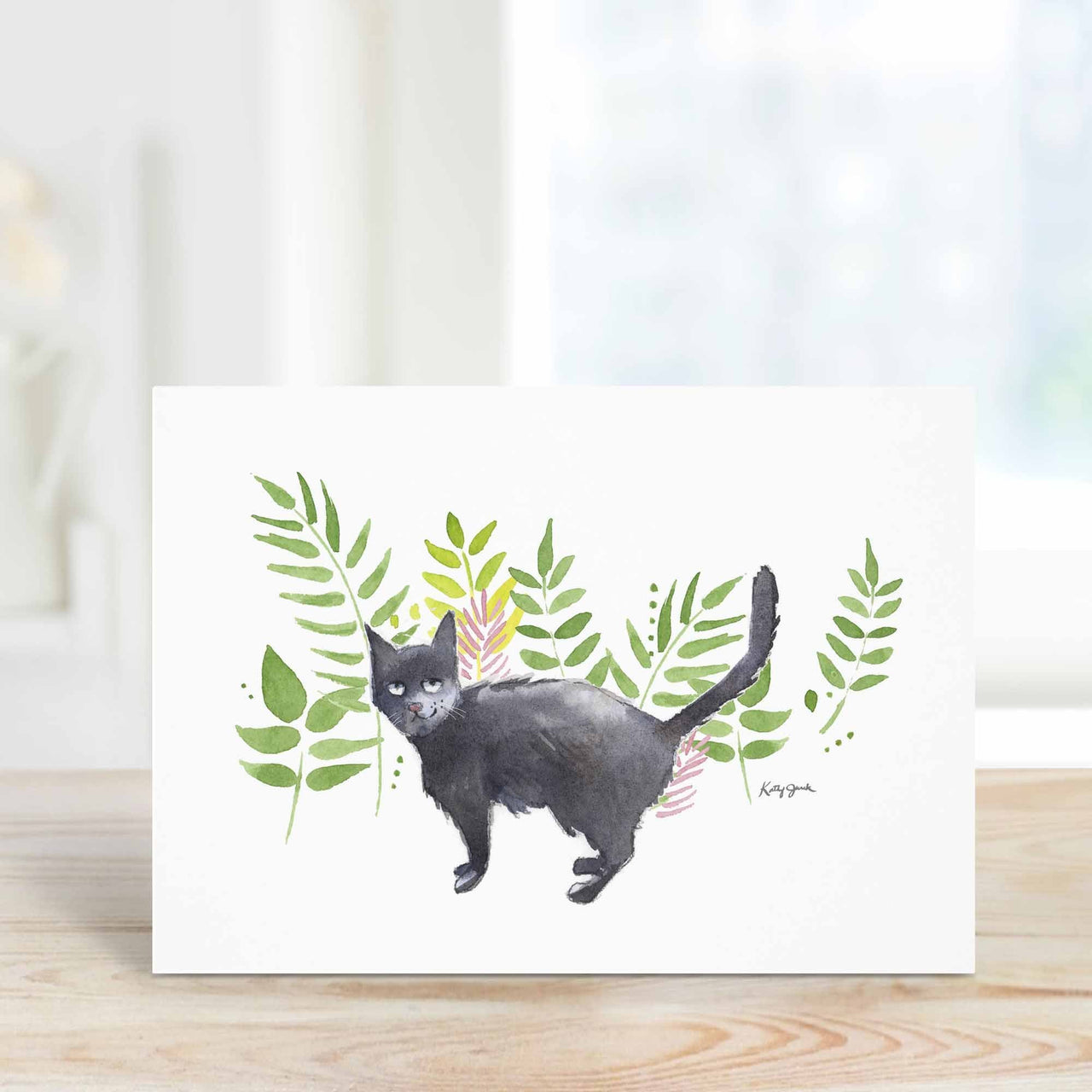 black cat with green ferns botanical card