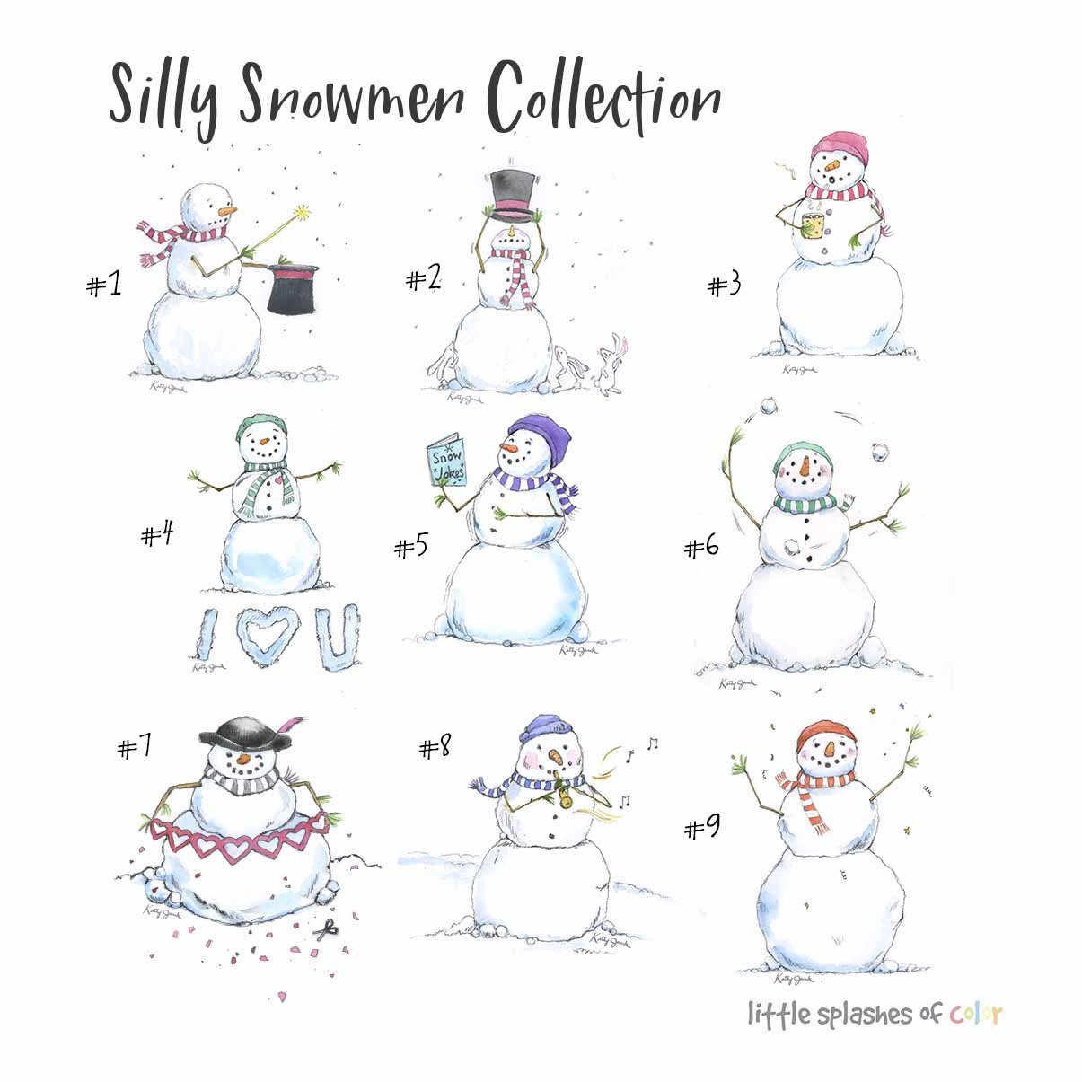 Silly snowmen watercolor holiday cards