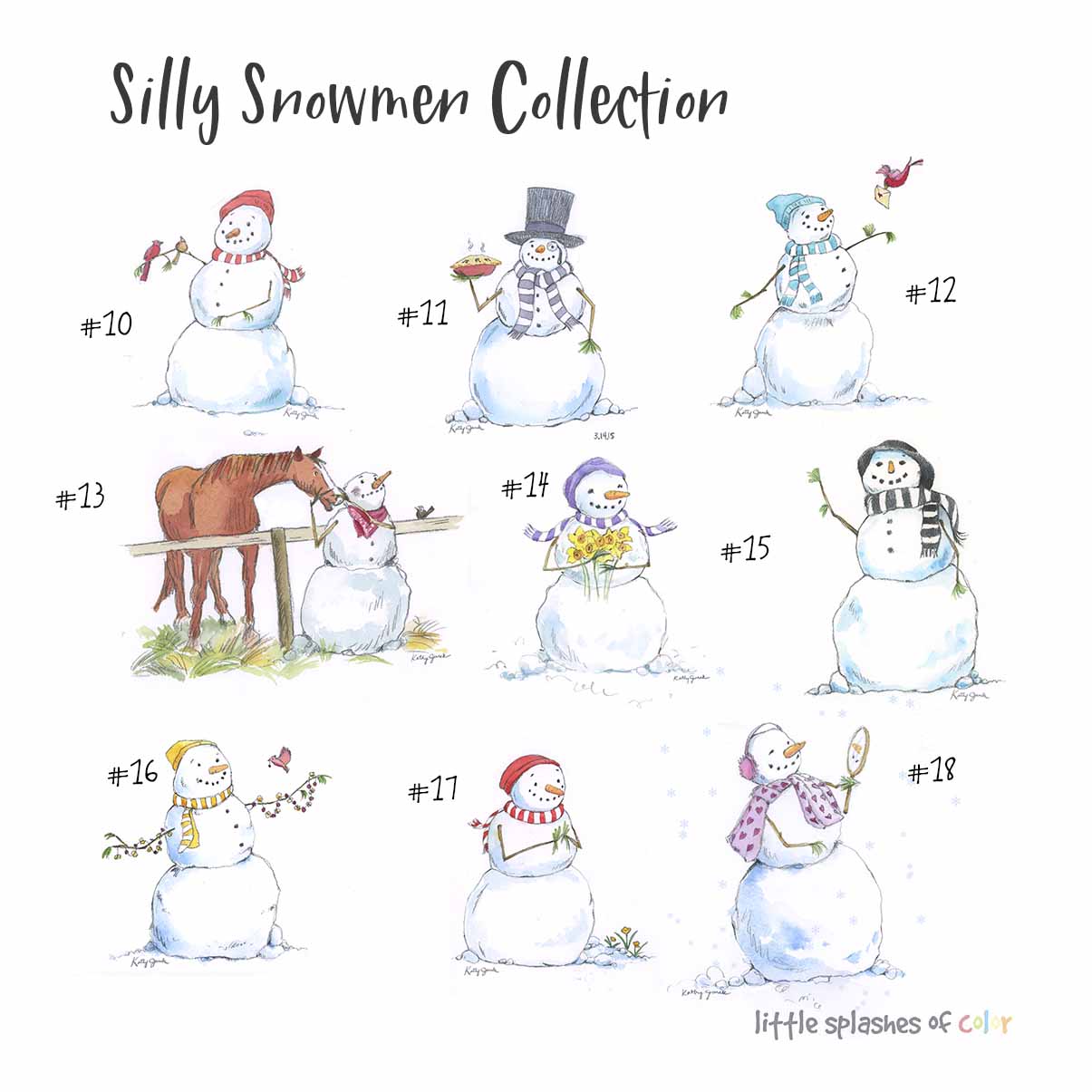 Whimsical silly snowmen watercolor greeting cards